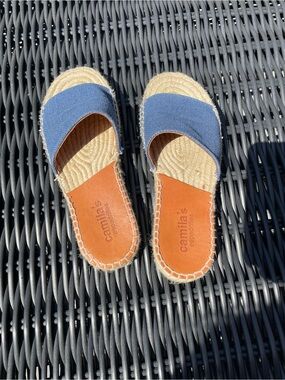 Blue Canvas Espadrille Slide Sandals with Leather Footbed